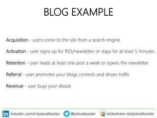 linkedin.com/in/polvallssoler! @polvallssoler! slideshare.net/polvallssoler!
BLOG EXAMPLE
Acquisition -‐ users come to the site from a search engine
Activation -‐ user signs up for RSS/newsletter or stays for at least 5 minutes
Retention -‐ user reads at least one post a week or opens the newsletter
Referral -‐ user promotes your blogs contests and drives traffic
Revenue -‐ user buys your ebook 
 