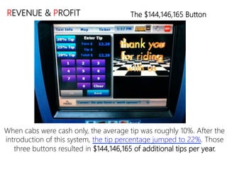 linkedin.com/in/polvallssoler! @polvallssoler! slideshare.net/polvallssoler!
REVENUE & PROFIT
 The $144,146,165 Button
When cabs were cash only, the average tip was roughly 10%. After the
introduction of this system, the tip percentage jumped to 22%. Those
three buttons resulted in $144,146,165 of additional tips per year.
 