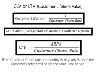 linkedin.com/in/polvallssoler! @polvallssoler! slideshare.net/polvallssoler!
CLV or LTV (﴾Customer Lifetime Value)﴿
if the Customer Churn rate is a monthly % or yearly %, then the
Customer Lifetime will be for the same time period. 
 