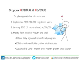 linkedin.com/in/polvallssoler! @polvallssoler! slideshare.net/polvallssoler!
Dropbox REFERRAL & REVENUE

Dropbox growth hack in numbers…
1. September 2008: 100,000 registered users
2. January 2010 (﴾15 months later)﴿: 4,000,000
3. Mostly from word-‐of-‐mouth and viral:
• 35% of daily signups from referral program
• 20% from shared folders, other viral features
• Sustained 15-‐20%+ month-‐over-‐month growth since launch

 