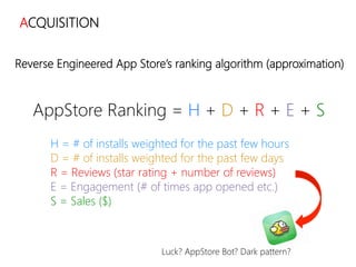 linkedin.com/in/polvallssoler! @polvallssoler! slideshare.net/polvallssoler!
Reverse Engineered App Store’s ranking algorithm (﴾approximation)﴿
AppStore Ranking = H + D + R + E + S


H = # of installs weighted for the past few hours

D = # of installs weighted for the past few days

R = Reviews (﴾star rating + number of reviews)﴿

E = Engagement (﴾# of times app opened etc.)﴿ 

S = Sales (﴾$)﴿


Luck? AppStore Bot? Dark pattern?
ACQUISITION
 