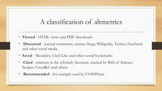 A classification of altmetrics
• Viewed - HTML views and PDF downloads
• Discussed - journal comments, science blogs, Wikipedia, Twitter, Facebook
and other social media
• Saved - Mendeley, CiteULike and other social bookmarks
• Cited - citations in the scholarly literature, tracked by Web of Science,
Scopus, CrossRef and others
• Recommended - for example used by F1000Prime
 
