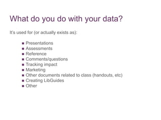What do you do with your data?
It’s used for (or actually exists as):
 Presentations
 Assessments
 Reference
 Comments/questions
 Tracking impact
 Marketing
 Other documents related to class (handouts, etc)
 Creating LibGuides
 Other
 
