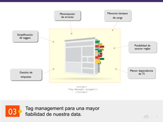 7
Tag management para una mayor
fiabilidad de nuestra data.03
Menores tiempos
de carga
Minimización
de errores
Posibilidad de
asociar reglas
Gestión de
etiquetas
Menor dependencia
de TI
Simpliﬁcación
de taggeo
<script>
<Tag Manager snippet/>
</script>
 