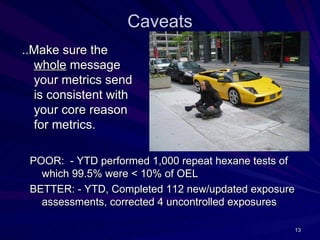 Caveats
..Make sure the
  whole message
  your metrics send
  is consistent with
  your core reason
  for metrics.

 POOR: - YTD performed 1,000 repeat hexane tests of
   which 99.5% were < 10% of OEL
 BETTER: - YTD, Completed 112 new/updated exposure
   assessments, corrected 4 uncontrolled exposures

                                                  13
 
