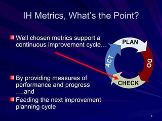 IH Metrics, What’s the Point?

Well chosen metrics support a
continuous improvement cycle…         PLAN




                               ACT




                                             DO
By providing measures of
performance and progress             CHECK
….and
Feeding the next improvement
planning cycle
                                              3
 