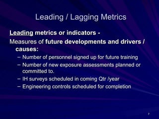 Leading / Lagging Metrics
Leading metrics or indicators -
Measures of future developments and drivers /
  causes:
  – Number of personnel signed up for future training
  – Number of new exposure assessments planned or
    committed to.
  – IH surveys scheduled in coming Qtr /year
  – Engineering controls scheduled for completion




                                                        7
 