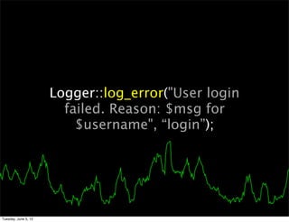 Logger::log_error("User login
                        failed. Reason: $msg for
                          $username", “login”);




Tuesday, June 5, 12
 