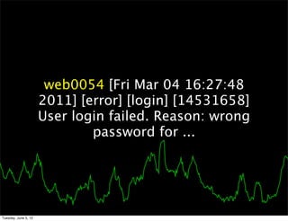 web0054 [Fri Mar 04 16:27:48
                      2011] [error] [login] [14531658]
                      User login failed. Reason: wrong
                              password for ...




Tuesday, June 5, 12
 