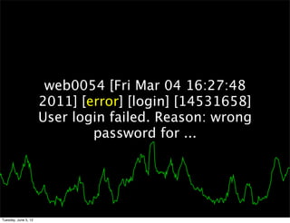 web0054 [Fri Mar 04 16:27:48
                      2011] [error] [login] [14531658]
                      User login failed. Reason: wrong
                              password for ...




Tuesday, June 5, 12
 