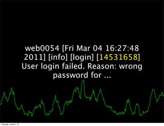 web0054 [Fri Mar 04 16:27:48
                      2011] [info] [login] [14531658]
                      User login failed. Reason: wrong
                              password for ...




Tuesday, June 5, 12
 