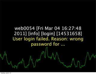 web0054 [Fri Mar 04 16:27:48
                      2011] [info] [login] [14531658]
                      User login failed. Reason: wrong
                              password for ...




Tuesday, June 5, 12
 