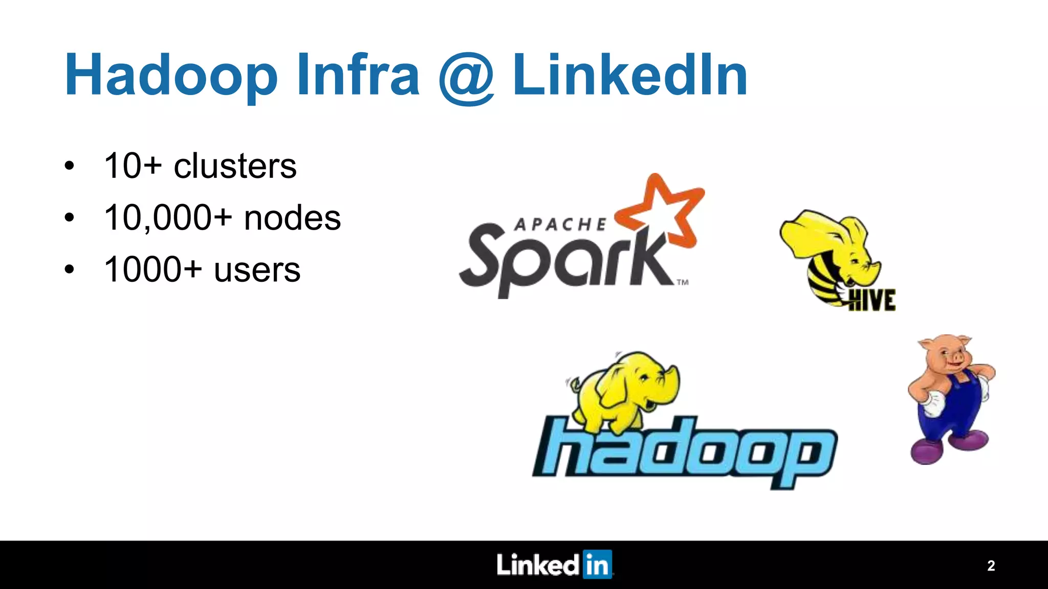 Hadoop Infra @ LinkedIn • 10+ clusters • 10,000+ nodes • 1000+ users 2 