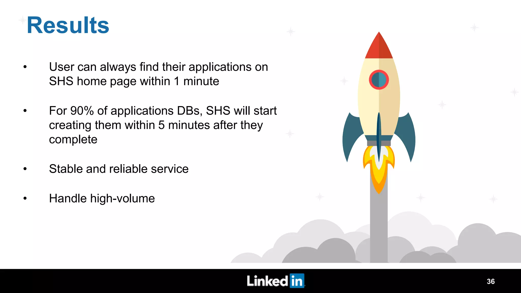 Results • User can always find their applications on SHS home page within 1 minute • For 90% of applications DBs, SHS will start creating them within 5 minutes after they complete • Stable and reliable service • Handle high-volume concurrent requests 36 