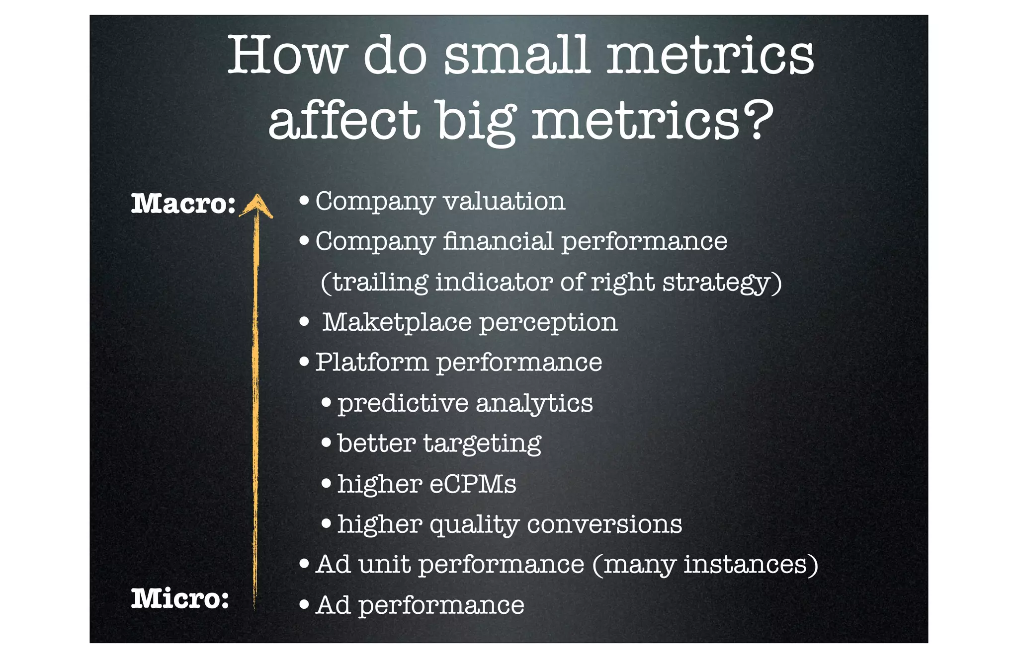 How do small metrics
affect big metrics?
Macro:

•Company valuation
•Company ﬁnancial performance
(trailing indicator of right strategy)
• Maketplace perception
•Platform performance 

Micro:
■

Revenue

•predictive analytics
•better targeting
•higher eCPMs
•higher quality conversions
•Ad unit performance (many instances)
•Ad performance

 