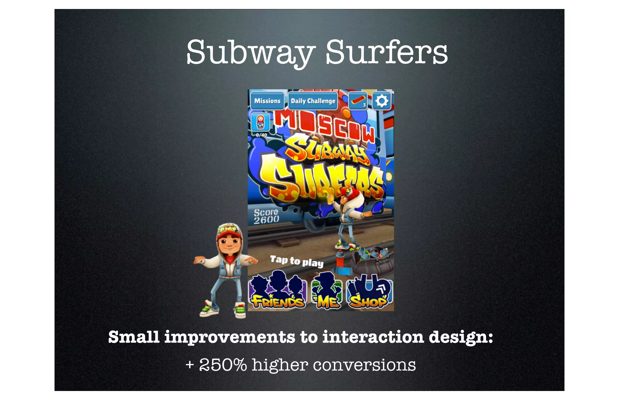 Subway Surfers

Small improvements to interaction design:
+ 250% higher conversions

 