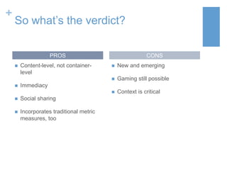 +

So what’s the verdict?
PROS

New and emerging
Gaming still possible










Content-level, not containerlevel

CONS

Context is critical

Immediacy



Social sharing



Incorporates traditional metric
measures, too

 