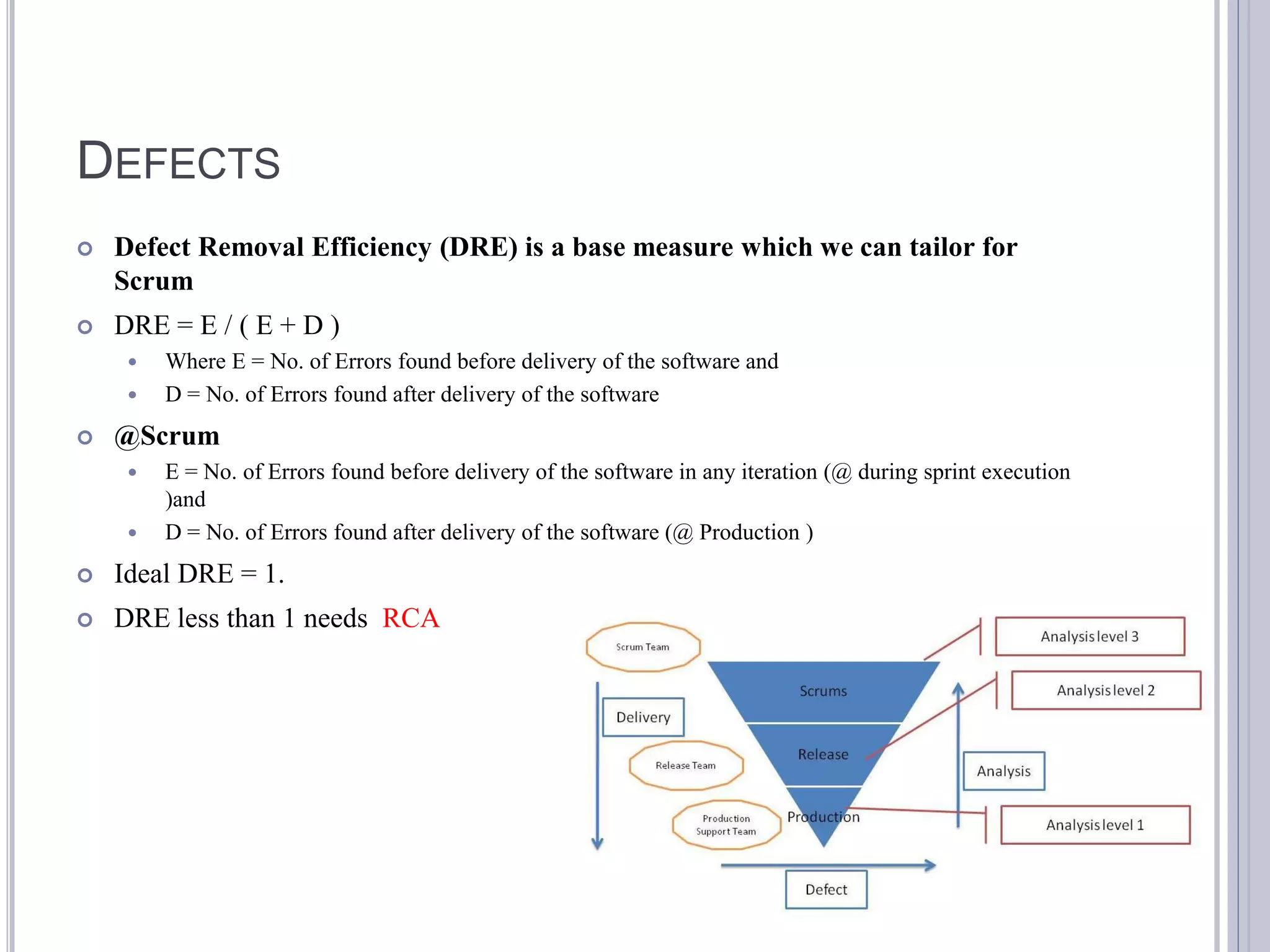 DEFECTS
   Defect Removal Efficiency (DRE) is a base measure which we can tailor for
    Scrum
   DRE = E / ( E + D )
        Where E = No. of Errors found before delivery of the software and
        D = No. of Errors found after delivery of the software
   @Scrum
        E = No. of Errors found before delivery of the software in any iteration (@ during sprint execution
         )and
        D = No. of Errors found after delivery of the software (@ Production )
   Ideal DRE = 1.
   DRE less than 1 needs RCA
 