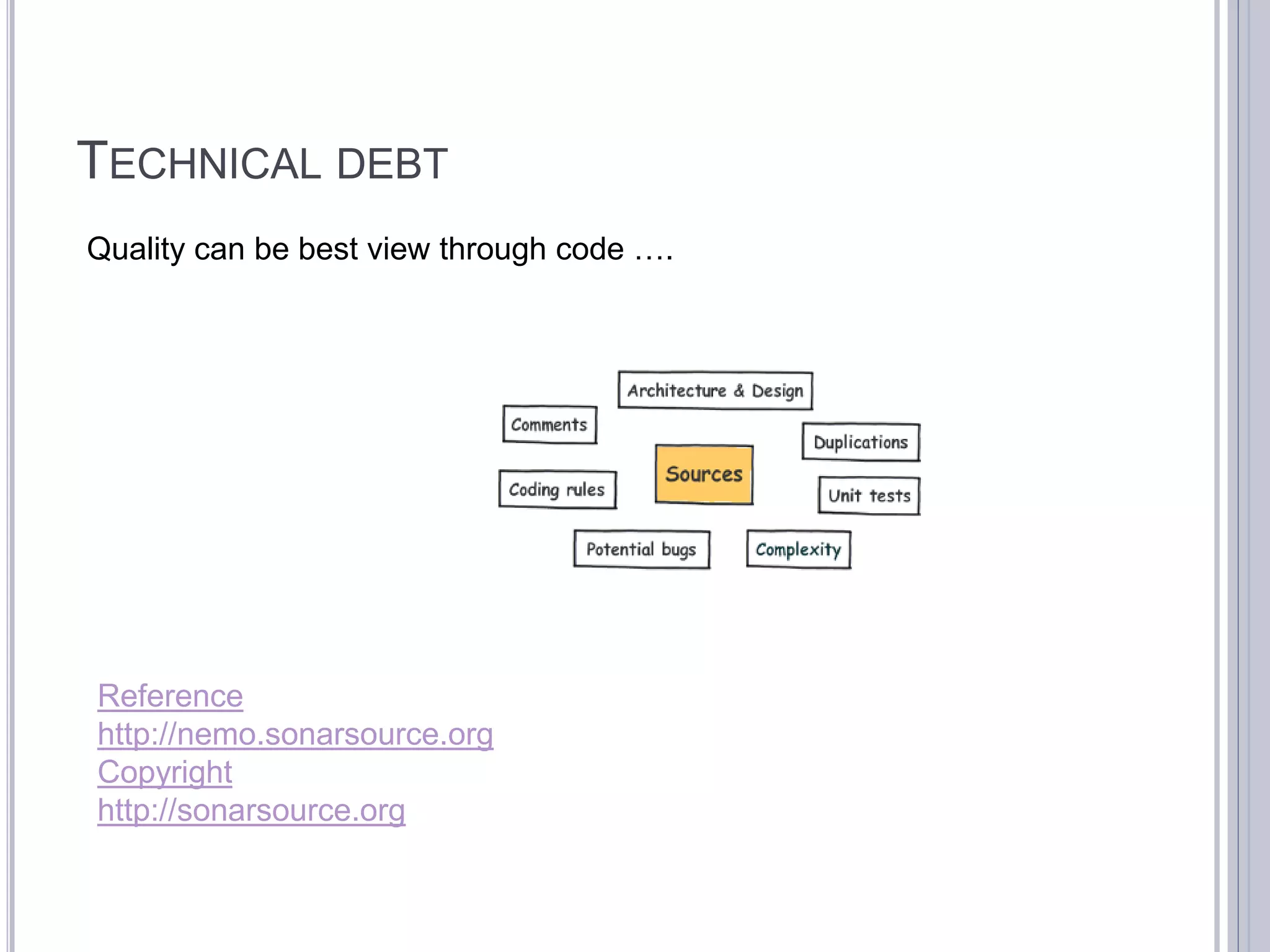 TECHNICAL DEBT
Quality can be best view through code ….




Reference
http://nemo.sonarsource.org
Copyright
http://sonarsource.org
 