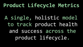 Product Lifecycle Metrics
A single, holistic model
to track product health
and success across the
product lifecycle.
 