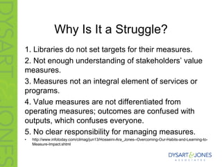 Why Is It a Struggle?
1. Libraries do not set targets for their measures.
2. Not enough  understanding  of  stakeholders’  value  
measures.
3. Measures not an integral element of services or
programs.
4. Value measures are not differentiated from
operating measures; outcomes are confused with
outputs, which confuses everyone.
5. No clear responsibility for managing measures.
• http://www.infotoday.com/cilmag/jun13/Hosseini-Ara_Jones--Overcoming-Our-Habits-and-Learning-to-
Measure-Impact.shtml
 