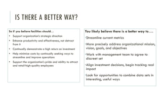 IS THERE A BETTER WAY?
You likely believe there is a better way to….
•Streamline current metrics
•More precisely address organizational mission,
vision, goals, and objectives
•Work with management team to agree to
discreet set
•Align investment decisions, begin tracking real
impact
•Look for opportunities to combine data sets in
interesting, useful ways
So if you believe facilities should…
• Support organization’s strategic direction
• Enhance productivity and effectiveness, not detract
from it
• Continually demonstrate a high return on investment
• Help minimize costs by continually seeking ways to
streamline and improve operations
• Support the organization’s pride and ability to attract
and retail high-quality employees
 
