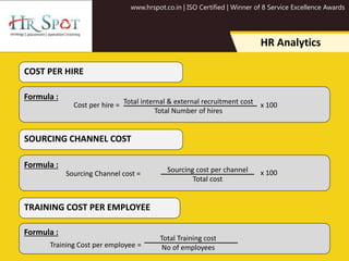 www.hrspot.co.in | ISO Certified | Winner of 8 Service Excellence Awards
HR Analytics
COST PER HIRE
Formula :
Cost per hire = x 100
TRAINING COST PER EMPLOYEE
Formula :
Training Cost per employee =
Total Training cost
No of employees
Total internal & external recruitment cost
Total Number of hires
SOURCING CHANNEL COST
Sourcing Channel cost =
Sourcing cost per channel
Total cost
x 100
Formula :
 