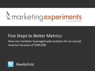 Five Steps to Better Metrics:
How one marketer leveraged web analytics for an annual
revenue increase of $500,000




      #webclinic
 