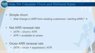 ©2015 Gainsight. All Rights Reserved.
How We Calculate Churn and Renewal Rates
• Simple churn
• (Net change in ARR from existing customers / starting-ARR) * 4
• Net ARR renewal rate
• (ATR – churn) / ATR
• ATR = available to renew
• Gross ARR renewal rate
• (ATR – churn + expansion) / ATR
 
