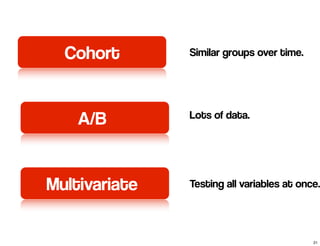 Cohort 
A/B 
Multivariate 
Similar groups over time. 
Lots of data. 
Testing all variables at once. 
21 
 