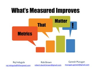 What’s Measured Improves
Metrics
That
Matter
!
Raj Indugula
raj.indugula@lithespeed.com	
Rob Brown
robert.david.brown@gmail.com	
	
Ganesh Murugan
murugan.ganesh@gmail.com	
	
 