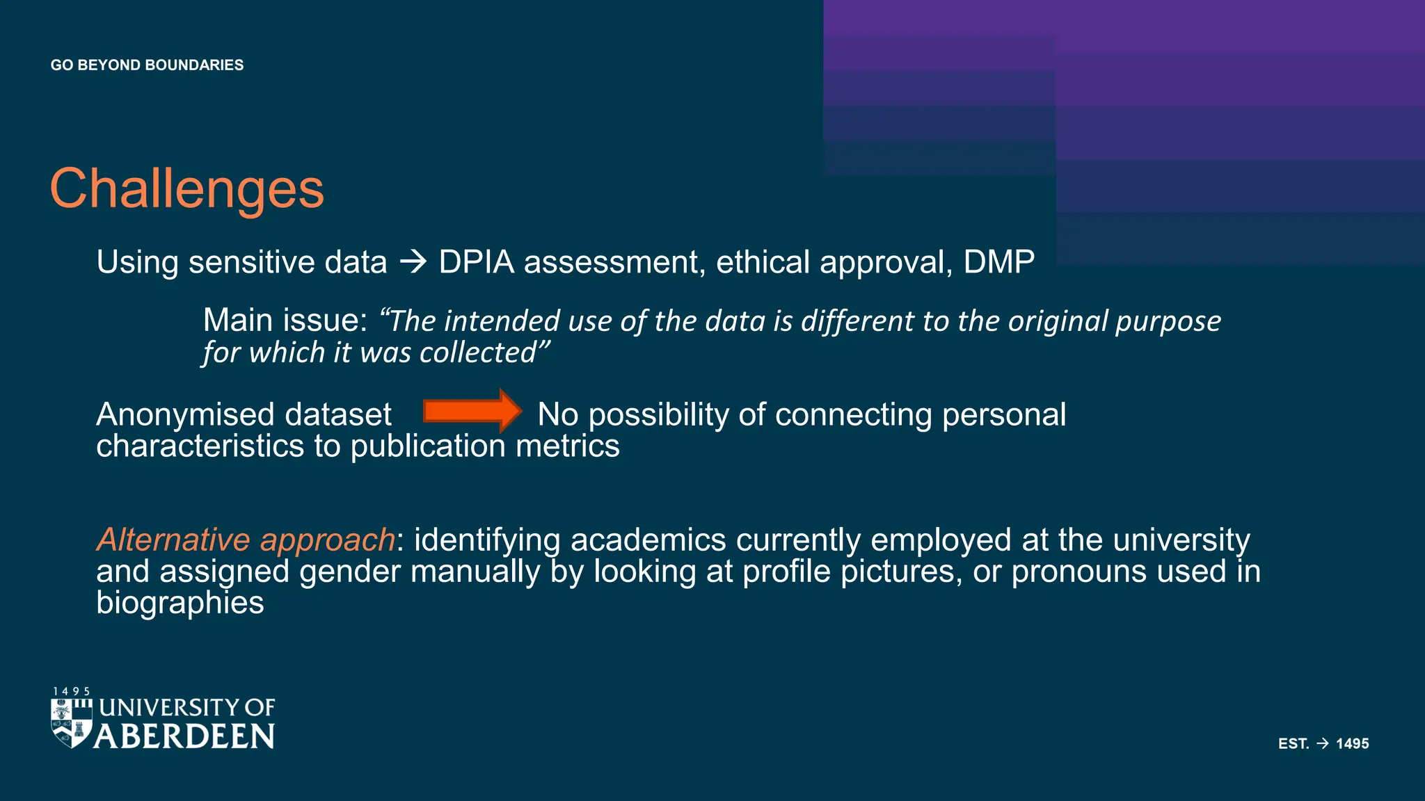 GO BEYOND BOUNDARIES
Challenges
Using sensitive data → DPIA assessment, ethical approval, DMP
Main issue: “The intended use of the data is different to the original purpose
for which it was collected”
Anonymised dataset No possibility of connecting personal
characteristics to publication metrics
Alternative approach: identifying academics currently employed at the university
and assigned gender manually by looking at profile pictures, or pronouns used in
biographies
 