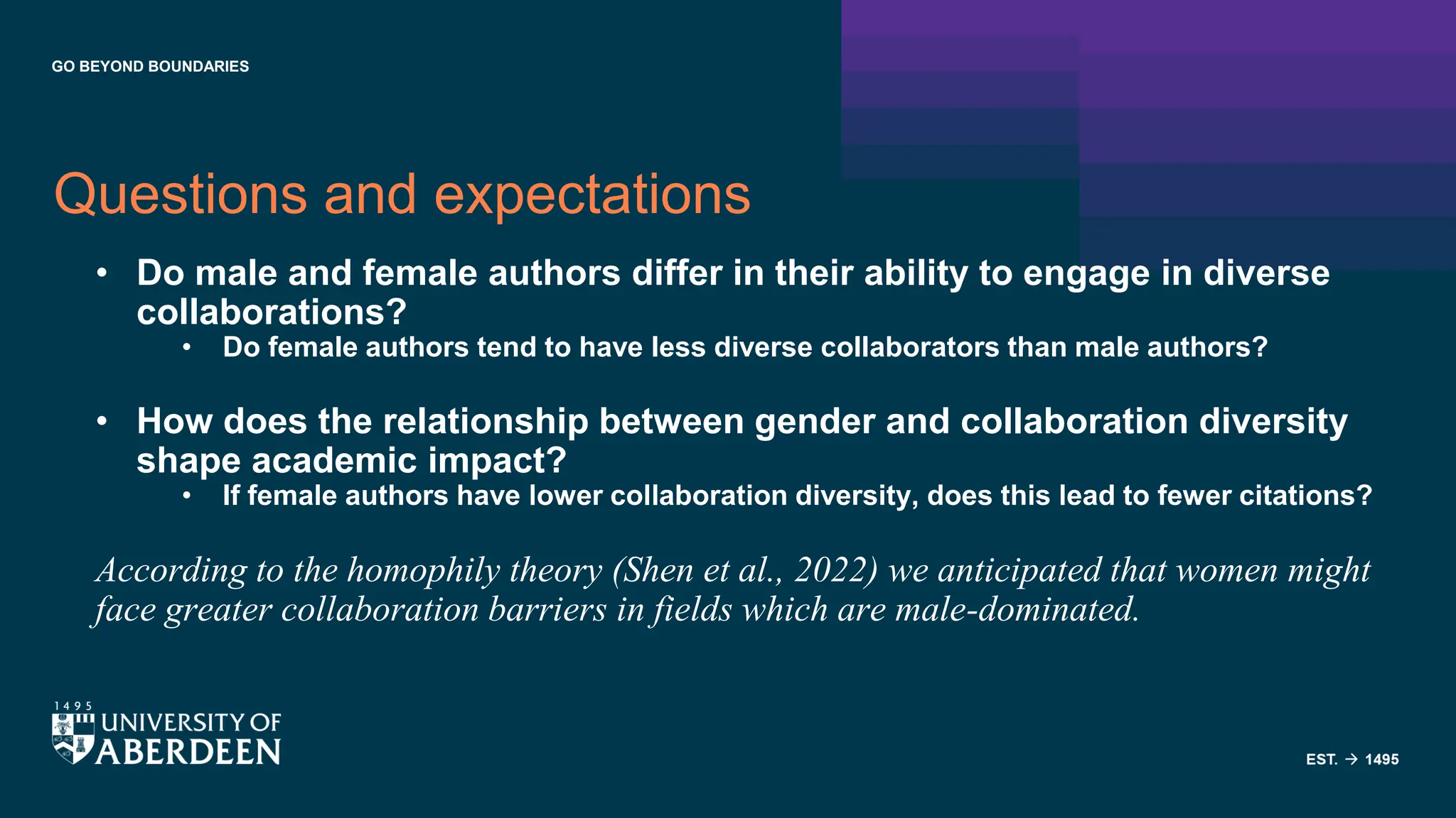 GO BEYOND BOUNDARIES
Questions and expectations
• Do male and female authors differ in their ability to engage in diverse
collaborations?
• Do female authors tend to have less diverse collaborators than male authors?
• How does the relationship between gender and collaboration diversity
shape academic impact?
• If female authors have lower collaboration diversity, does this lead to fewer citations?
According to the homophily theory (Shen et al., 2022) we anticipated that women might
face greater collaboration barriers in fields which are male-dominated.
 