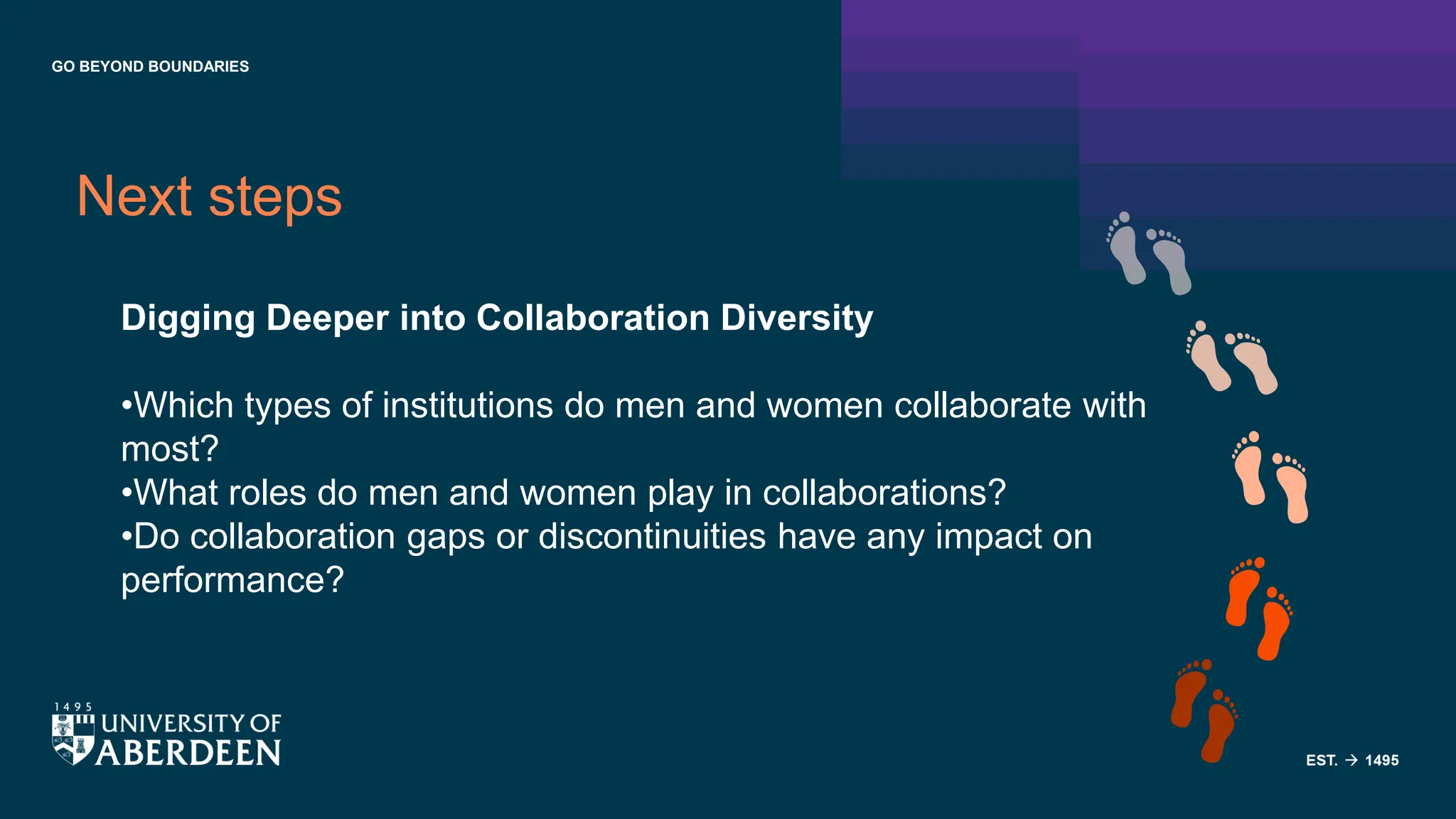 GO BEYOND BOUNDARIES
Next steps
Digging Deeper into Collaboration Diversity
•Which types of institutions do men and women collaborate with
most?
•What roles do men and women play in collaborations?
•Do collaboration gaps or discontinuities have any impact on
performance?
 