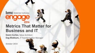 © Copyright 10/21/2014 BMC Software, Inc 
1 
Gwen Curlee, Value Architect Dag Blokkum, IT Transformation Manager 
October 2014 
Metrics That Matter for Business and IT  