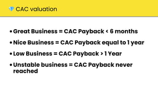 💎 CAC valuation
•Great Business = CAC Payback < 6 months
•Nice Business = CAC Payback equal to 1 year
•Low Business = CAC Payback > 1 Year
•Unstable business = CAC Payback never
reached
 
