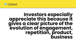 Investors especially
appreciate this because it
gives a clear picture of the
evolution of engagement,
repetition, product,
business
💎 Cohort
 