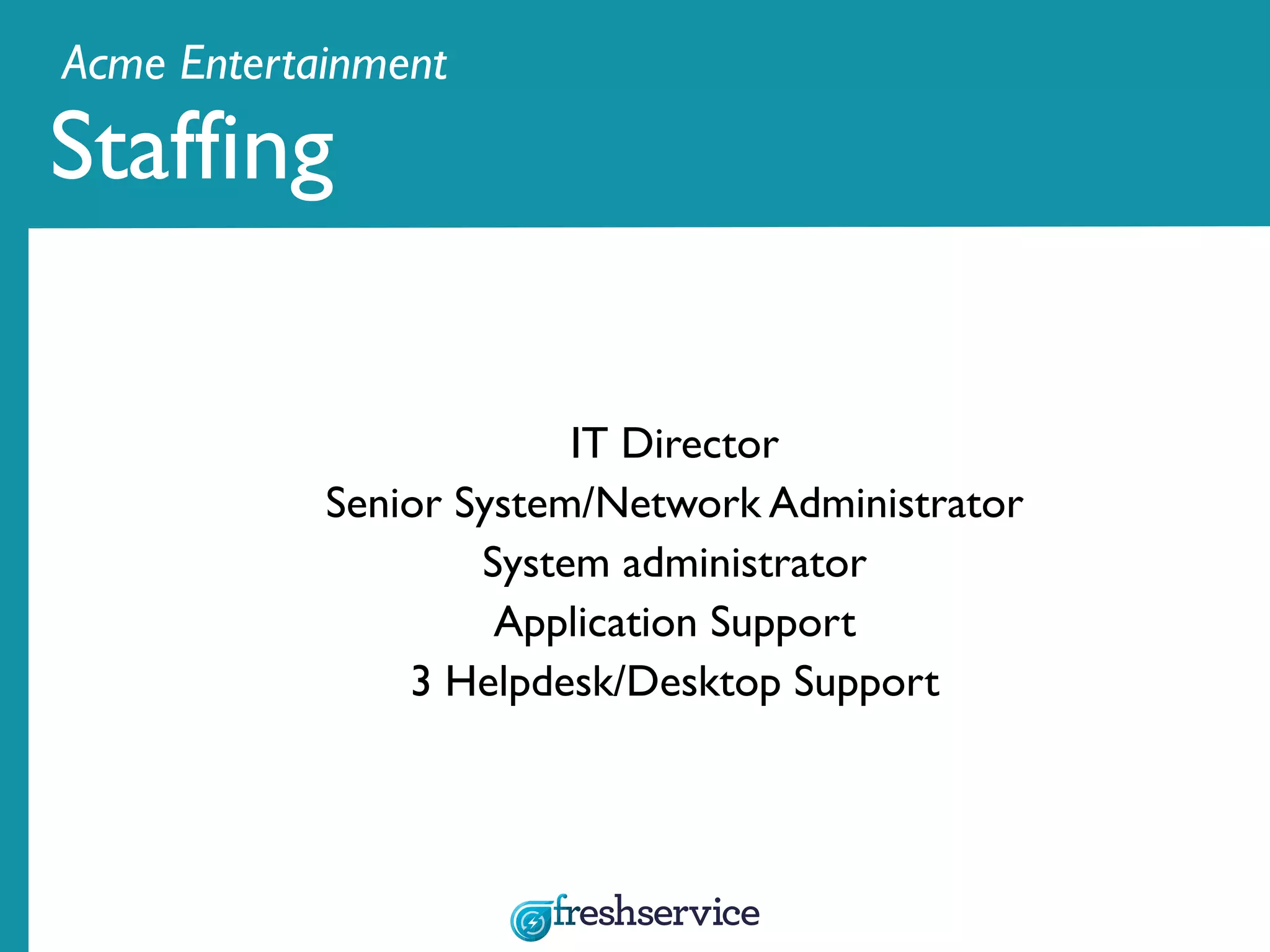 IT Director
Senior System/Network Administrator
System administrator
Application Support
3 Helpdesk/Desktop Support
Acme Entertainment
Staffing
 