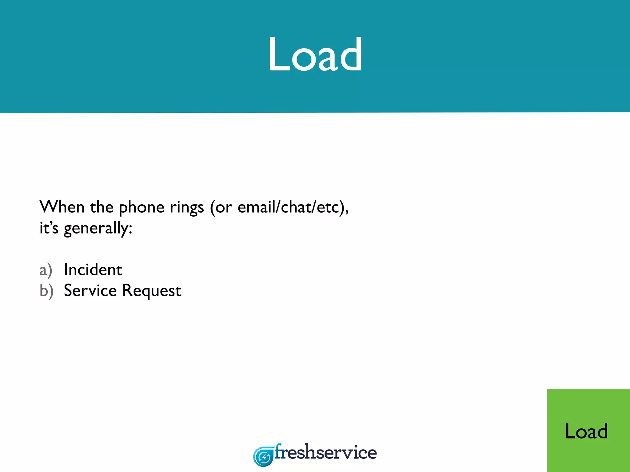 Load
When the phone rings (or email/chat/etc),
it’s generally:
a) Incident
b) Service Request
Load
 