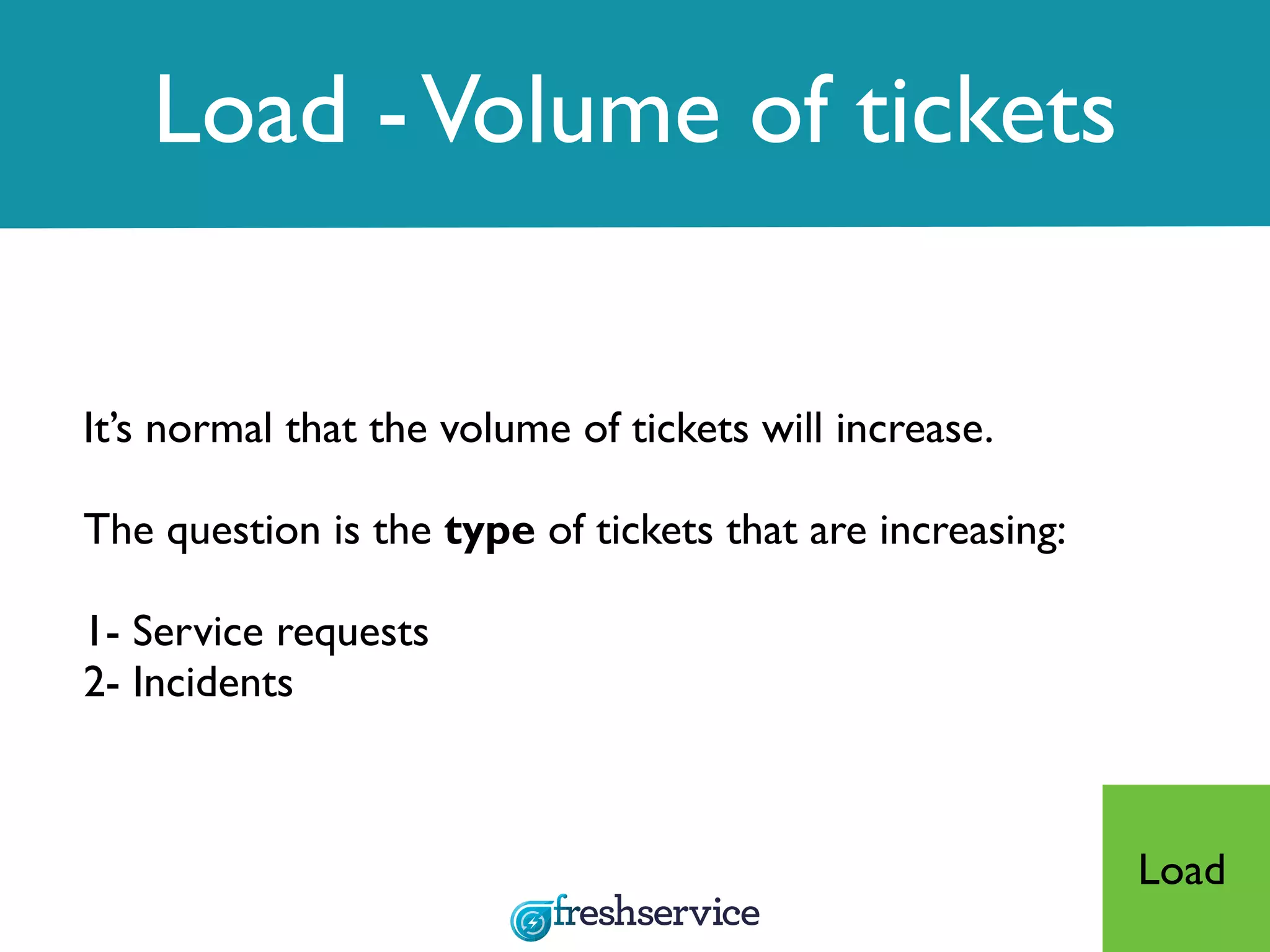 Load -Volume of tickets
It’s normal that the volume of tickets will increase.
The question is the type of tickets that are increasing:
1- Service requests
2- Incidents
Load
 