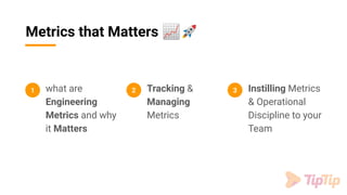 Metrics that Matters 📈🚀
1. what are
Engineering
Metrics and why
it Matters
1 1. Tracking &
Managing
Metrics
2 1. Instilling Metrics
& Operational
Discipline to your
Team
3
 