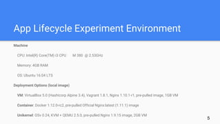 App Lifecycle Experiment Environment
Machine
CPU: Intel(R) Core(TM) i3 CPU M 380 @ 2.53GHz
Memory: 4GB RAM
OS: Ubuntu 16.0...