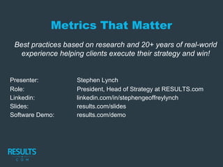 Metrics That Matter
Best practices based on research and 20+ years of real-world
experience helping clients execute their strategy and win!
Presenter: Stephen Lynch
Role: President, Head of Strategy at RESULTS.com
Linkedin: linkedin.com/in/stephengeoffreylynch
Slides: results.com/slides
Software Demo: results.com/demo
 