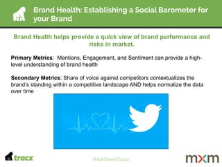 Brand Health helps provide a quick view of brand performance and
risks in market.
Primary Metrics: Mentions, Engagement, a...
