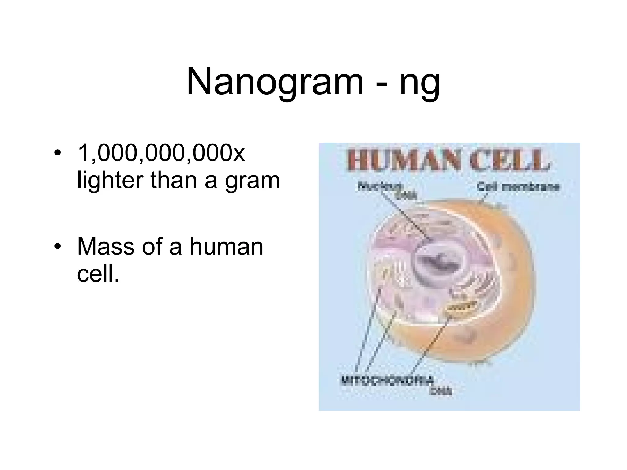 Nanogram - ng 1,000,000,000x lighter than a gram Mass of a human cell. 