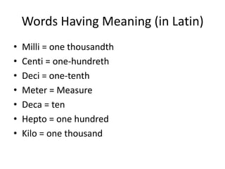 Words Having Meaning (in Latin)Milli = one thousandthCenti = one-hundrethDeci = one-tenthMeter = MeasureDeca = tenHepto = one hundredKilo = one thousand