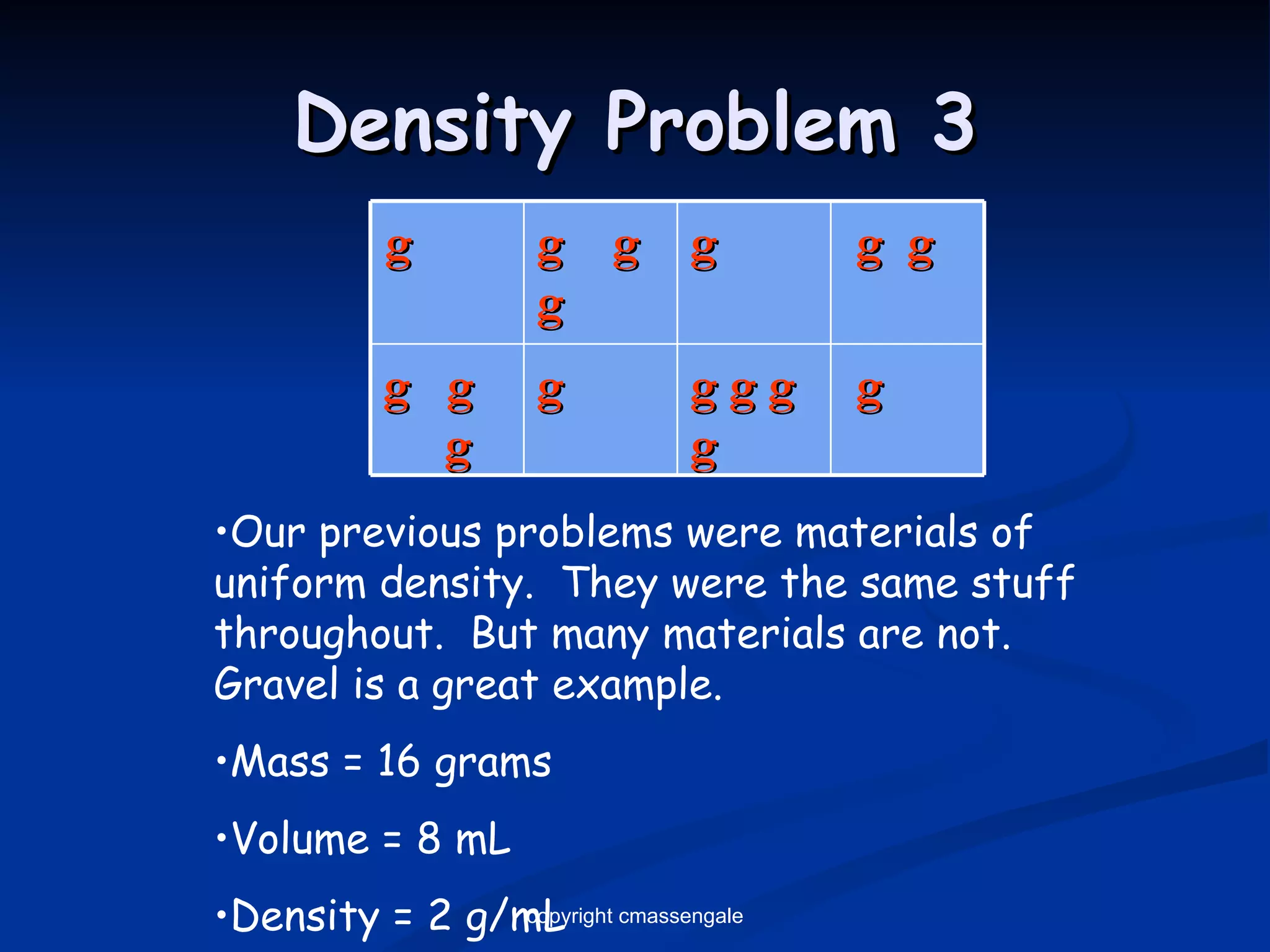 Density Problem 3 Our previous problems were materials of uniform density.  They were the same stuff throughout.  But many materials are not.  Gravel is a great example. Mass = 16 grams Volume = 8 mL Density = 2 g/mL copyright cmassengale g  g  g  g g g  g g  g  g g g g g g g 