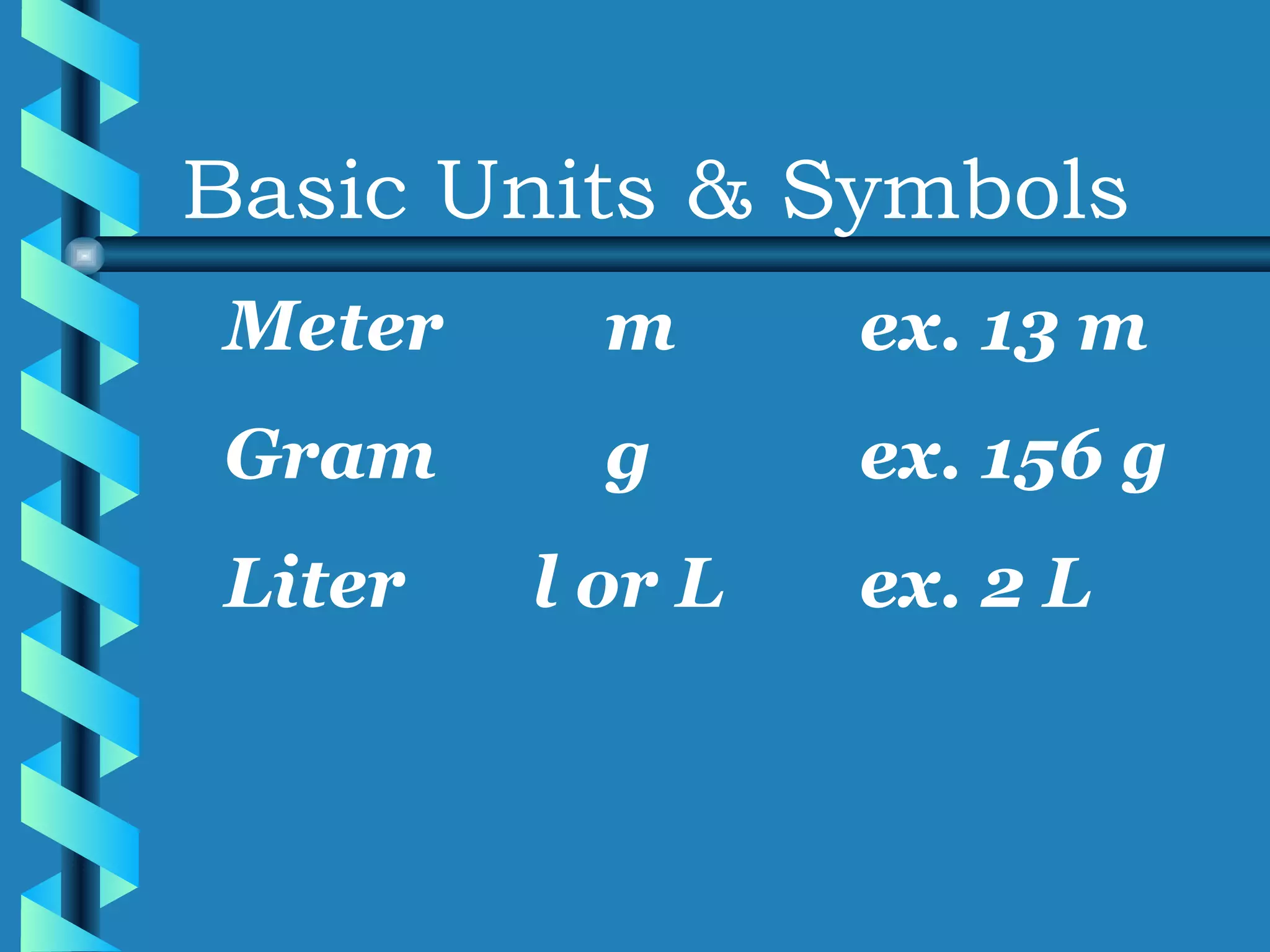 Basic Units & Symbols Meter m ex. 13 m Gram g ex. 156 g Liter   l or L ex. 2 L 