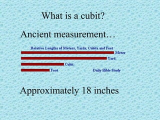 Ancient measurement… Approximately 18 inches What is a cubit? 