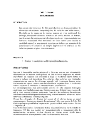 CASO CLINICO 03
ENDOMETRITIS
INTRODUCCION
Las causas más frecuentes del fallo reproductivo son la endometritis y la
mortalidad em-brionaria temprana (cerca del 75 % del total de las causas).
El estudio de las causas de las mismas sugiere un error nutricional. Sin
embargo, esta causa casi nunca es tomada en cuenta. Incluso las metritis,
que tienen un claro componente infeccioso, pueden ser consecuencia de una
nutrición inadecuada. Una deficiencia de calcio iónico (que reduce la
motilidad uterina), o un exceso de proteína que induzca un aumento de la
concentración de amoníaco en sangre, deprimiendo la actividad de los
linfocitos, pueden originar esta enfermedad.
OBJETIVOS
• Realizar el seguimiento y el tratamiento del paciente.
MARCO TEORICO
Durante la involución uterina postpartal el útero es sitio de una considerable
recomposición de tejidos, acom-pañada de una actividad fagocítica no menos
importante. La infección del contenido a cargo de bacterias oportu-nistas es
normal e incluso casi sistemática. Sin embargo estas bacterias son eliminadas
progresivamente gracias las defensas naturales del organismo. Cuando estos
mecanismos no logran contrarrestar la infección se ve pertur-bada la involución
uterina y con ello el reinicio de la actividad ovárica y la fertilidad.
Los microorganismos mas comúnmente aislados de esta infección fisiológica
controlada son: Staphylococcus spp., Streptococcus spp., Actinomyces pyogenes, E.
coli y otros microorganismos anaerobios Gram (-). Normal-mente las defensas
inmunitarias del útero le permiten controlar y eliminar esa flora bacteriana desde
la tercera hasta la sexta semana post parto.
Dentro las estrategias de defensa del animal el pH uterino juega un papel
preponderante. Su aumento durante los primeros 5 días post parto, de 7,0 a 7,8
disminuye la patogenicidad de los gérmenes que se multiplican de ma-nera óptima
a un pH de 6,4.
Cuando los mecanismos inmunitarios fallan, fundamentalmente en el período de
transición (20 días pre parto) por inmunodepresión o inmunosupresión la
contaminación bacteriana persiste durante un tiempo mayor siendo tanto
cuantitativamente más importante como cualitativamente diferente.
 